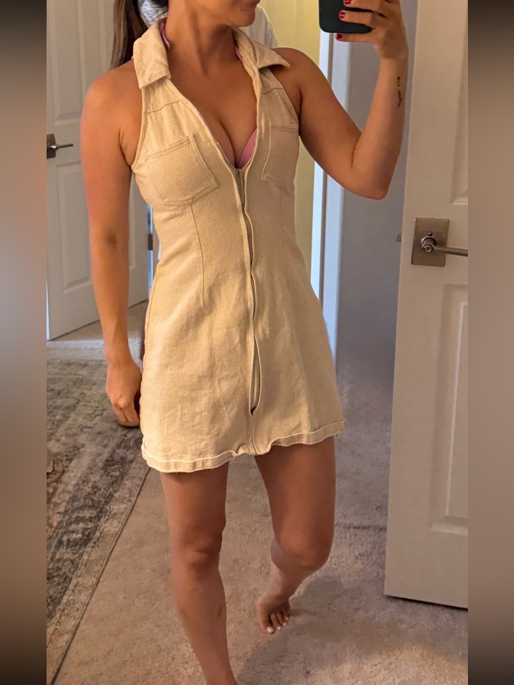 VICI zip up Cream Denim mini Dress with collar